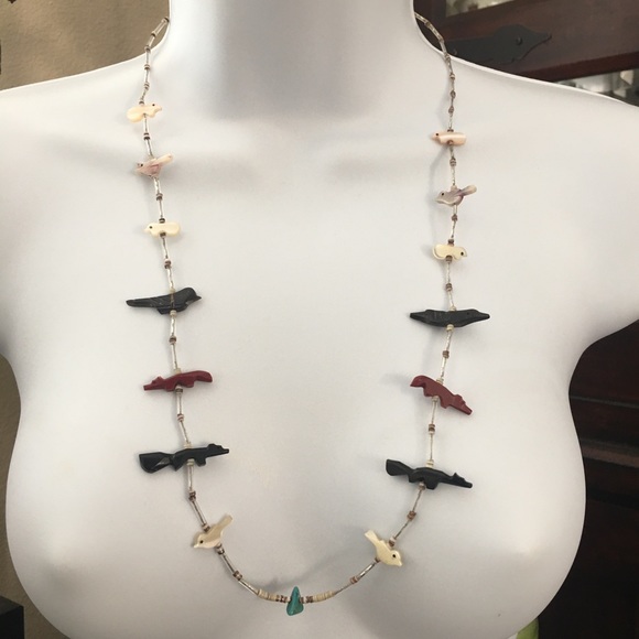 Vintage Jewelry - Native Heishi multi stone fetish necklace